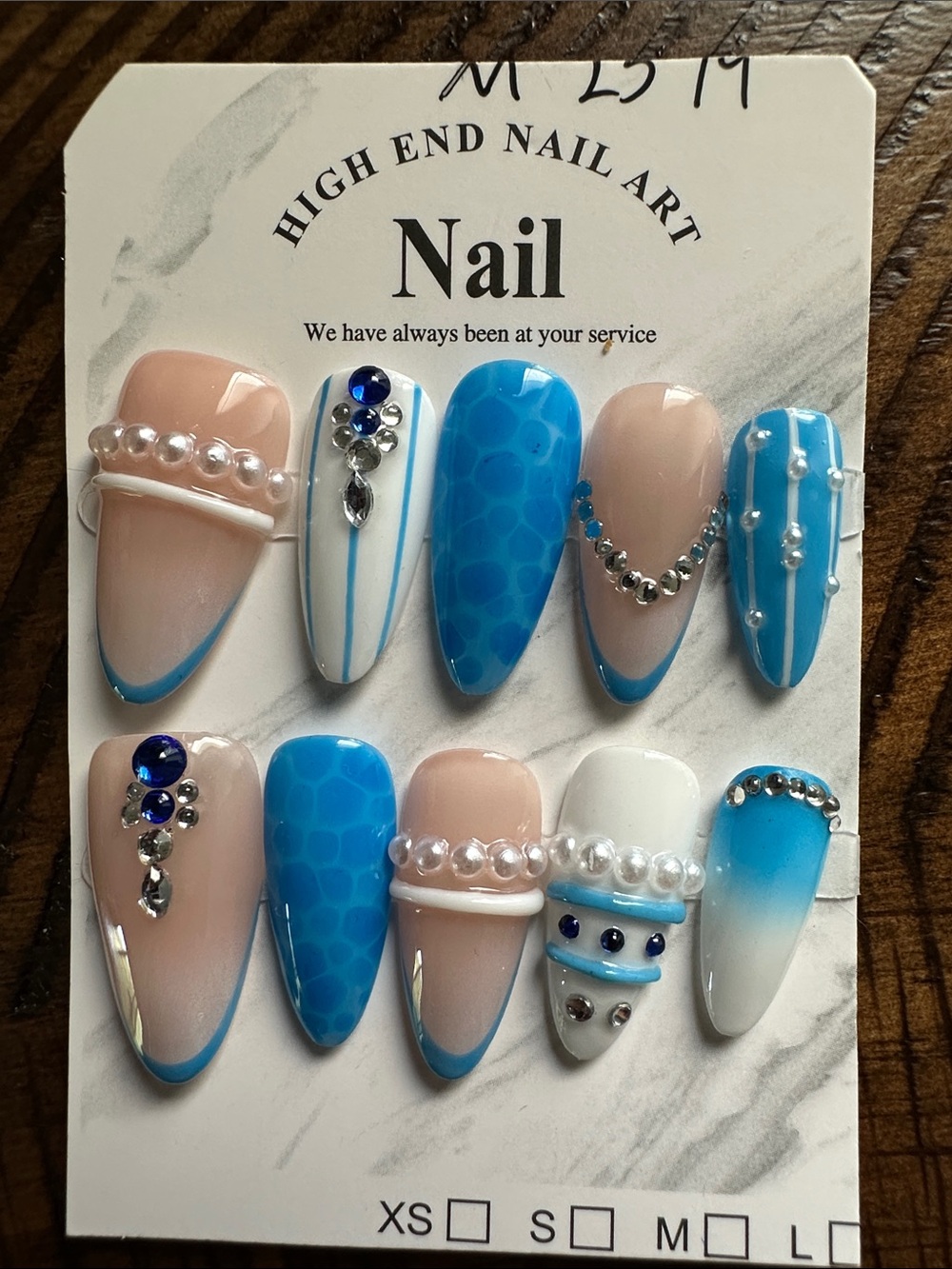 Blue & Nude Rhinestone Pearl Press-On Nail Set